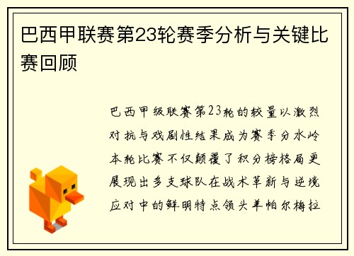 巴西甲联赛第23轮赛季分析与关键比赛回顾